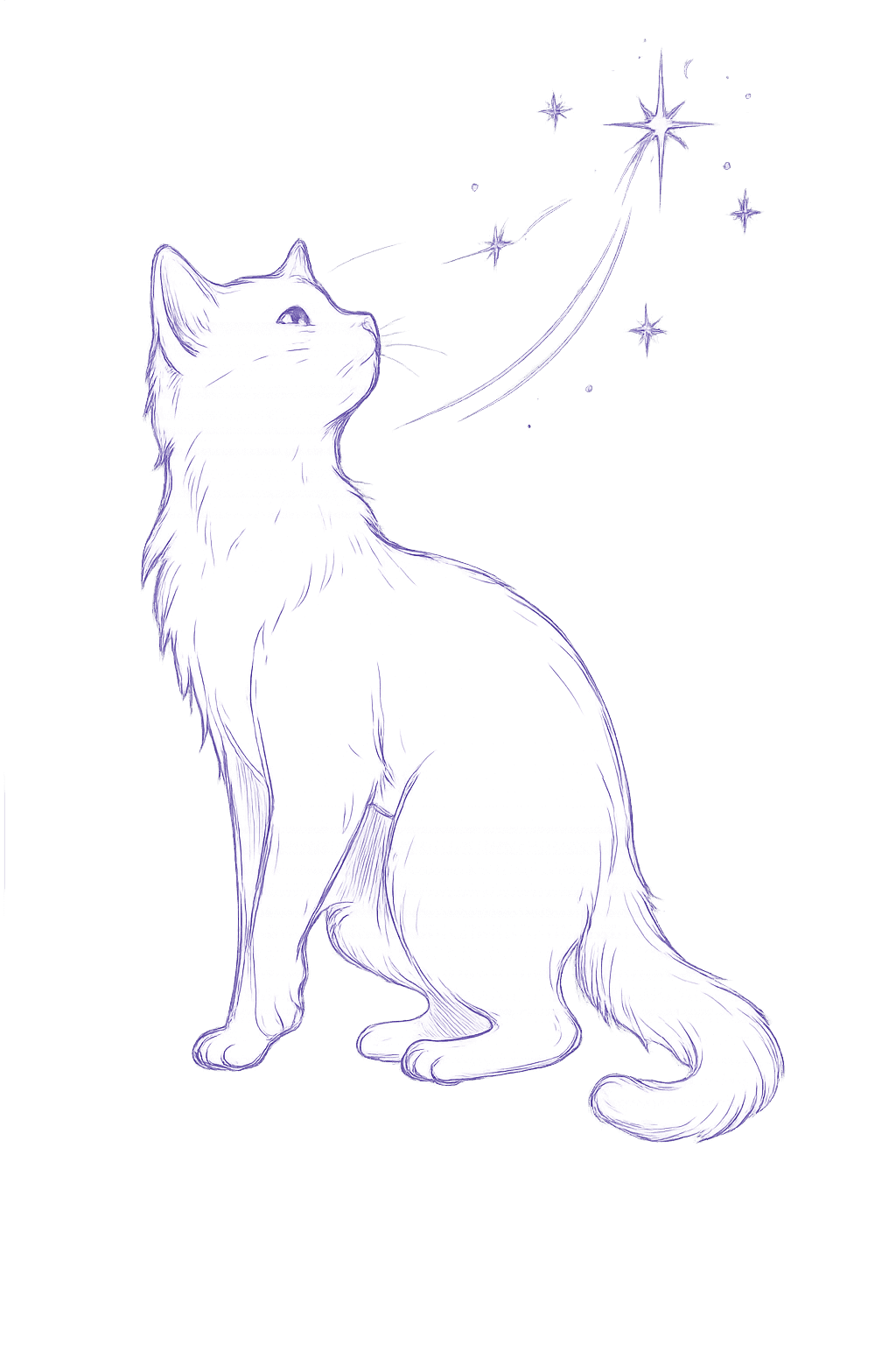 Ilustração de um gatinho entre nuvens e estrelas
